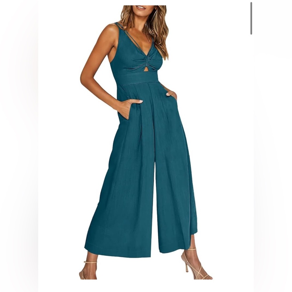 EUC ANRABESS Wide Leg Jumpsuits V Neck Sleeveless Linen Romper in teal size S